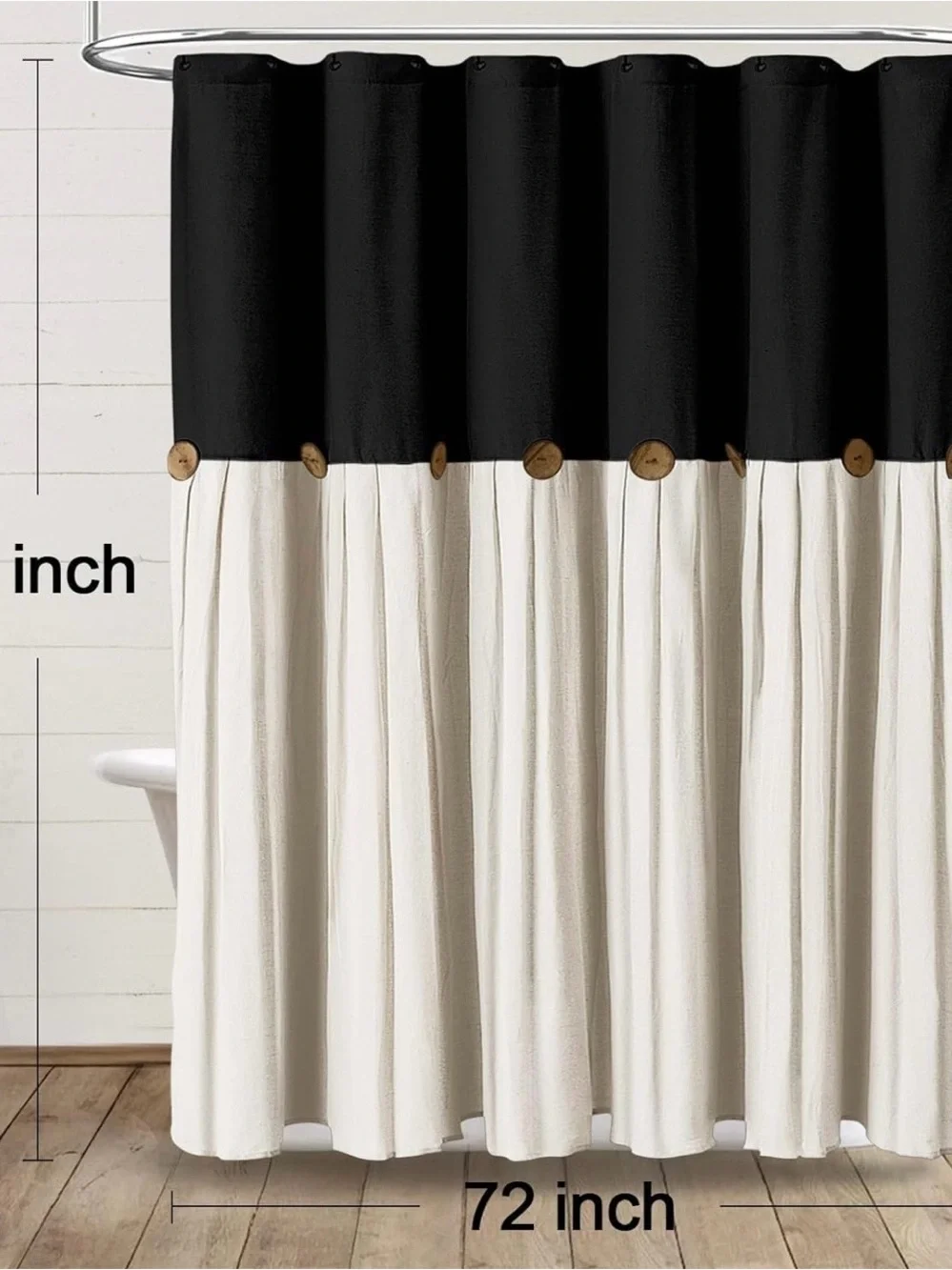 Black and Cream Two-Tone Shower Curtain with Decorative Buttons